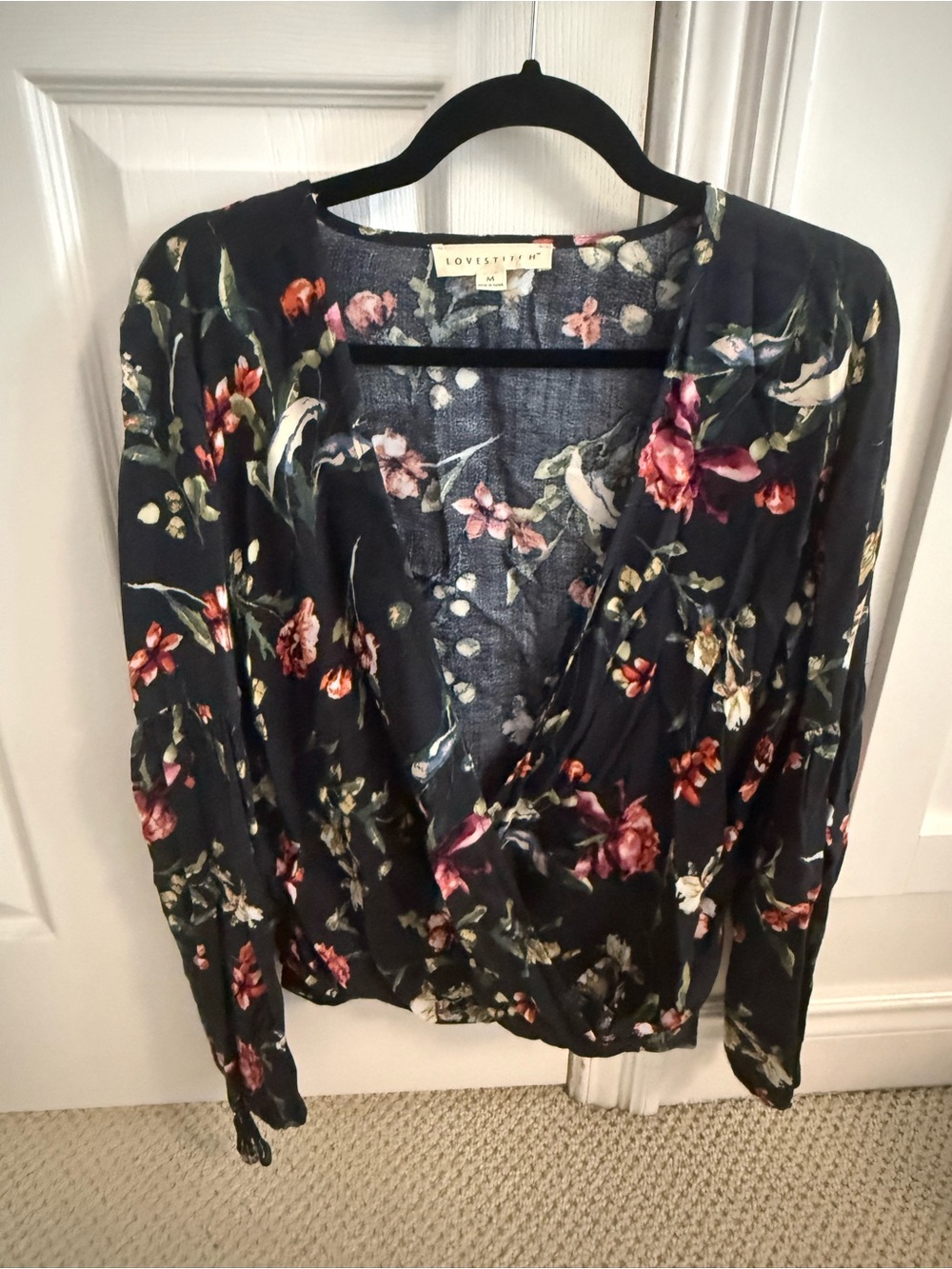 lovestitch Black Floral Wrap Top with Pink & Green Accents